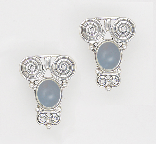 Sterling Silver And Blue Lace Agate Drop Dangle Earrings With an Art Deco Inspired Style